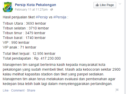 [selingan] Laporan panpel Persip Pekalongan soal penjualan tiket laga Persip vs Persija. Menarik transparansinya :)