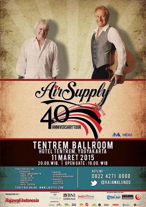 infojogja's tweet photo. #event | #AirSupplyJogja Live Concert 11mar'15 at Ballroom Hotel @tentremyogya. Tiket: @swaragamafm @tribunjogja http://t.co/YDutvLxzCN
