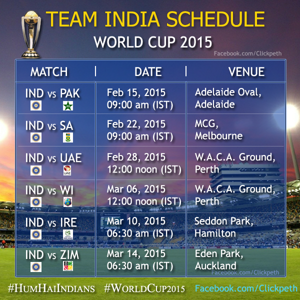 Clickpeth's tweet photo. Cricket World Cup 2015
Team India Schedule
#HumHaiIndians #CricketWorldCup2015 #Clickpeth http://t.co/WnNcrdUFGg