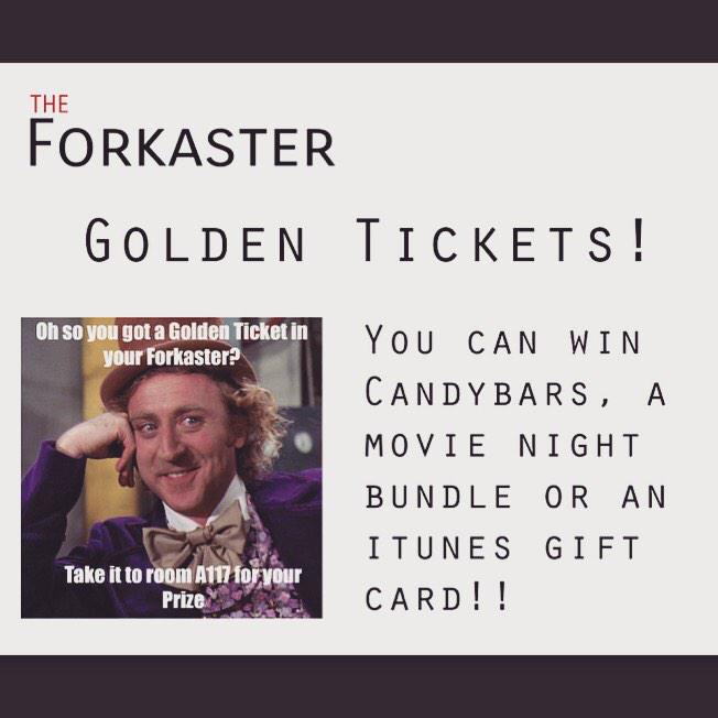 TheForkaster's tweet photo. Don't forget, if you find a golden ticket in your copy of #TheForkaster take it to Room A117 for an awesome prize!#RT http://t.co/Mn1otXkceR