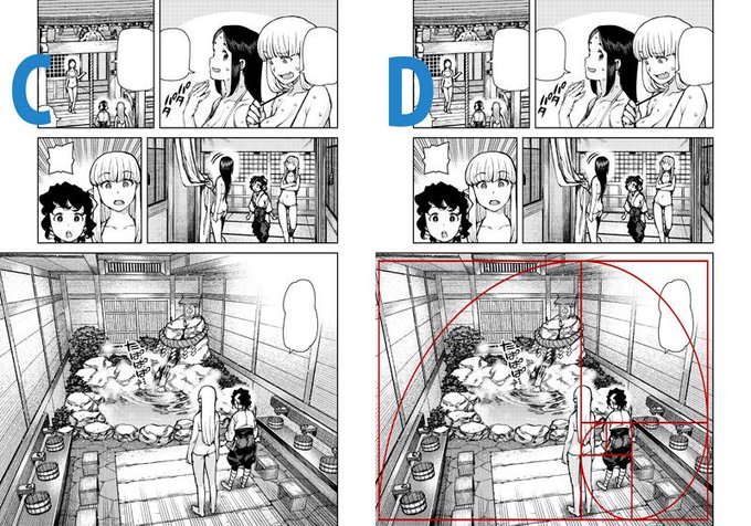 なんかしっくり来なかったので Cのように右上を飛ばすと 締まる上読みやすくなりました。空白とフキダシが視線を呼んで読者の目が迷子にならないのがいいんだろうと思いました。ついでにDのようにフィボ図も重ねてみたら だいたいあってる感 