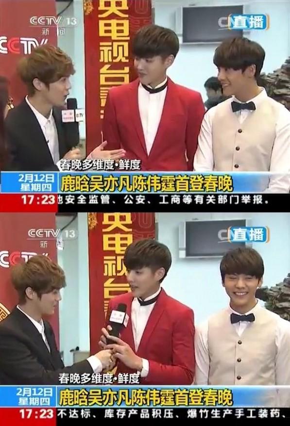 allkpop's tweet photo. Luhan interviews Kris for China's CCTV 'Spring Festival Gala' http://t.co/7SrJT8iYpZ http://t.co/2oERScBMBB