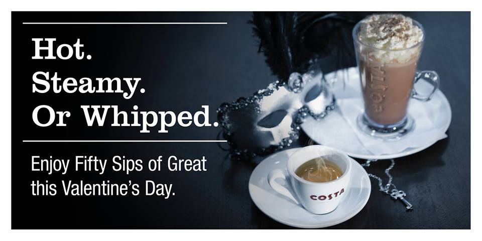 CostaCoffee's tweet photo. Treat your Valentine to a steamy Espresso or Hot Choc with cream – whipped, of course. #FiftyShades #CostaCoffee http://t.co/99wePevxvd
