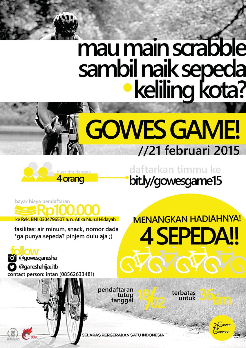 Yuk main scrabble sambil sepedaan seru keliling Bandung! Daftarin lgsg timmu ke bit.ly/gowesgame15 <a href="/ITeBeNews/">ITB News</a>