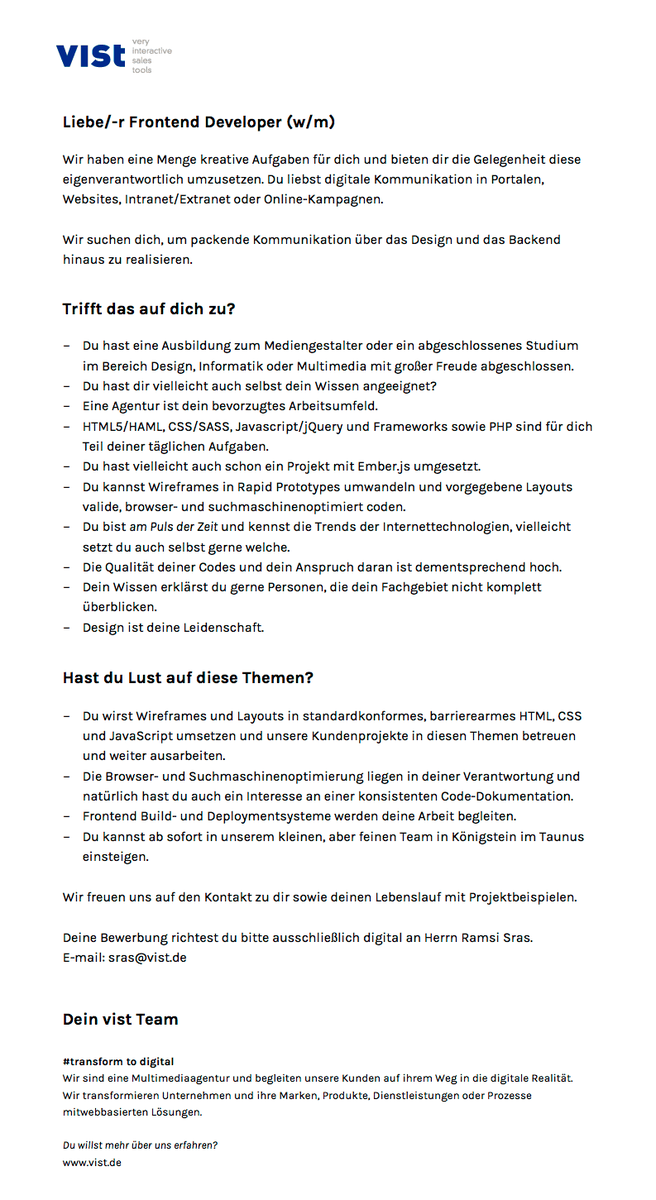 Wir suchen eine/n Frontend Developer (w/m) — entweder Dich oder vielleicht jemanden den du kennst.
^bb