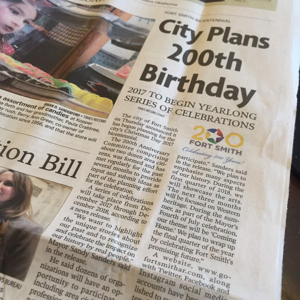 gofortsmithar's tweet photo. Have you seen the @TimesRecord this morning? We Officially Launched our 200th Birthday Party! Help us share! http://t.co/xlDkOngzTT