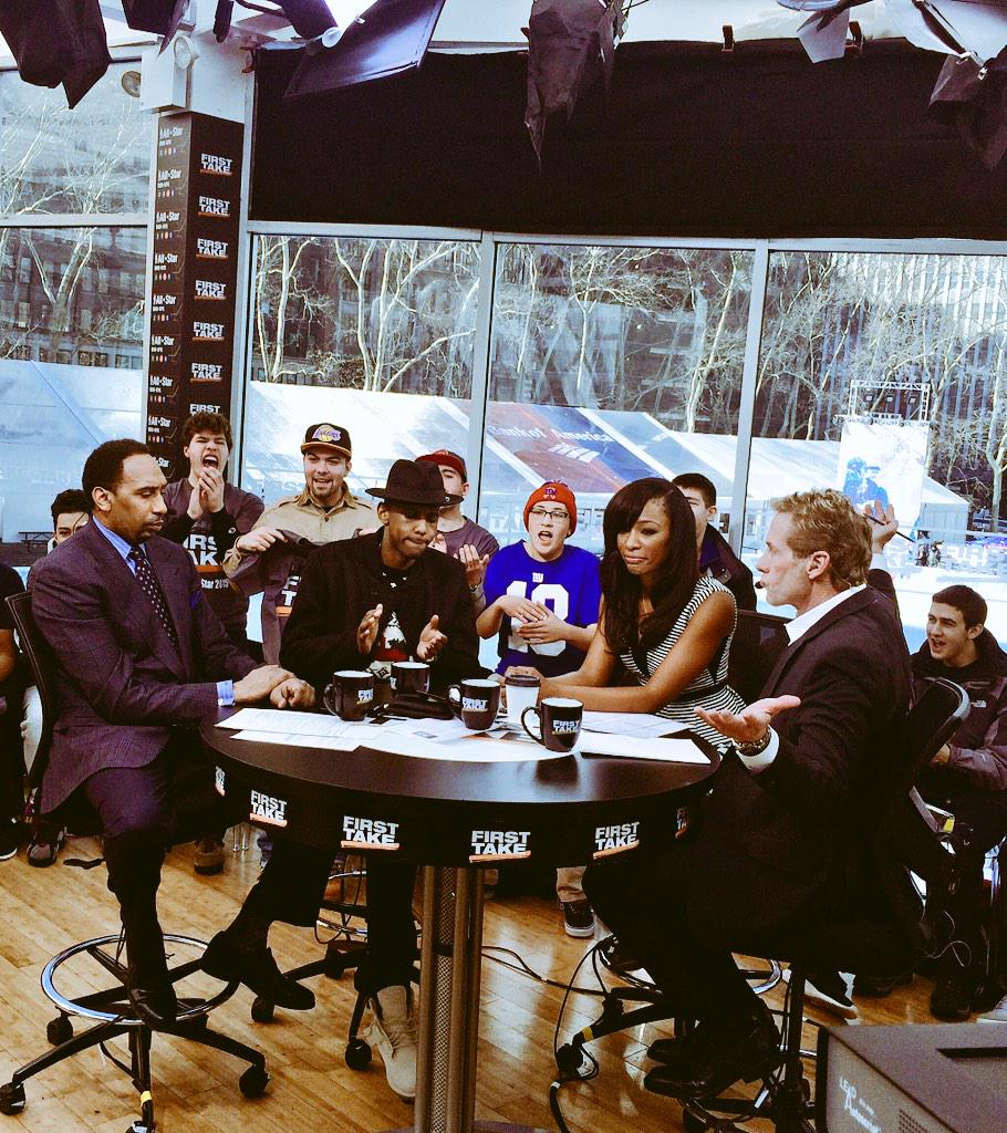 FirstTake's tweet photo. Brooklyn is in the building! @myfabolouslife @ESPNMusic http://t.co/WWPl6oo2u1