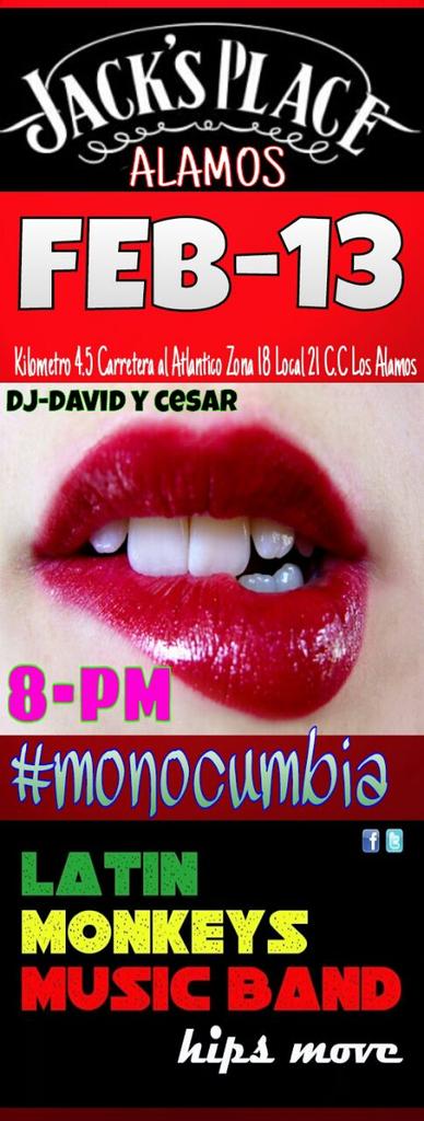 "<a href="/latinmonkeysgt/">Latin Monkeys</a> Esta noche en <a href="/JacksplaceAlamo/">Jacks place Alamos</a> para empezar a repartir amosh con #monocumbia  <a href="/AllMadeInGuate/">MadeinGuate</a>  "