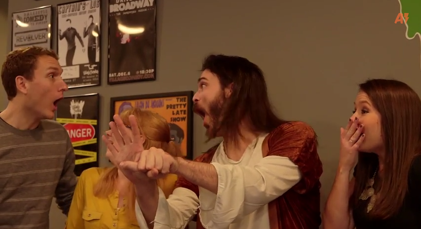 AutomaticImprov's tweet photo. Which way would Jesus swipe? A new sketch, "Jesus on Tinder," from #AutomaticImprov --> http://t.co/uA8NOoZk4f http://t.co/Ytw2YqgJRe
