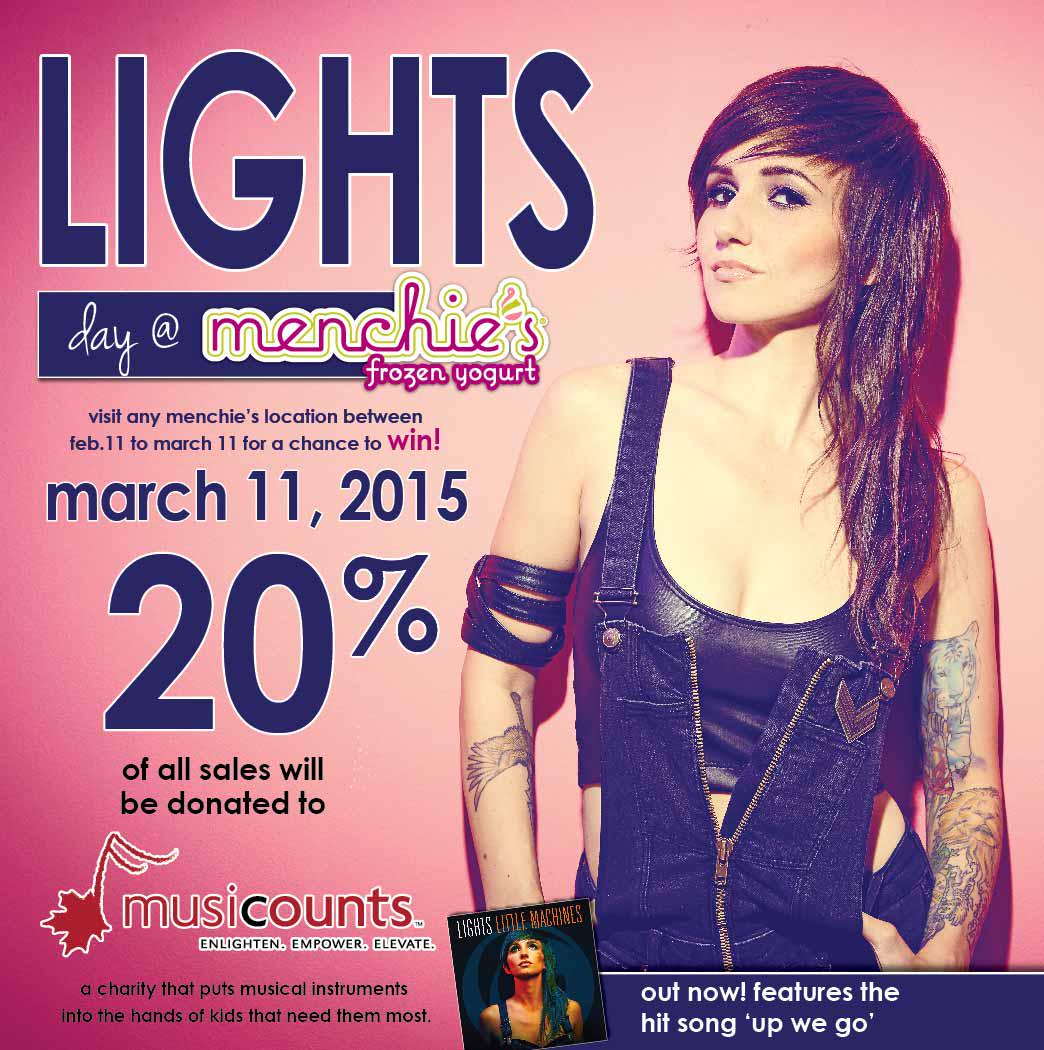 MusiCounts's tweet photo. Buy @Lights' new flavour #UpWeDough @Menchies_CA this month to #win! On Mar 11, 20% of proceeds go to #MusiCounts! http://t.co/9bVDeR3EJn
