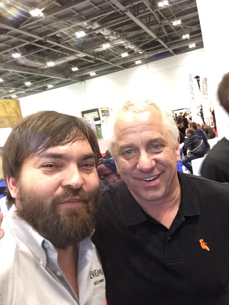 JacoEhlersSA's tweet photo. @Enigmabikes meeting a true legend @GregLemond  @londonbikeshow #bikes #cycling #titanium http://t.co/Z2bN399qJm
