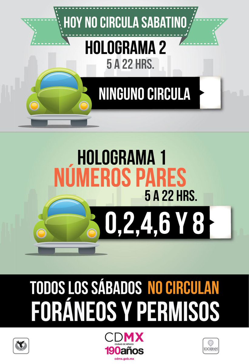 locatel_mx's tweet photo. #HoyNoCircula para este sábado: Vehículos con holograma 2, foráneos, permisos y holograma 1 terminación PAR. http://t.co/mDsiXupLaU