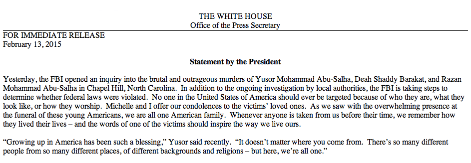 "No one in the United States of America should ever be targeted because of who they are...or how they worship" —Obama