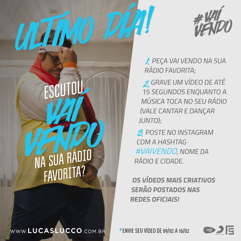lucaslucco's tweet photo. ATENÇÃO! Hoje é o ÚLTIMO DIA para fazer seu vídeo enquanto escuta #VaiVendo no rádio! Peça, ouça, grave! #EquipeLL http://t.co/XaopgNS1IU