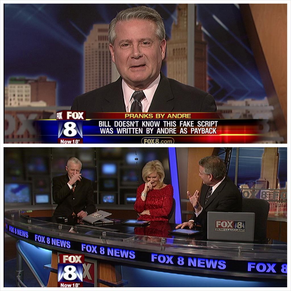 Chris_Gibilisco's tweet image. The lighter side of @fox8news at 5pm, as @AndreBernier pranks @BillMartin10 with a #FakeScript!