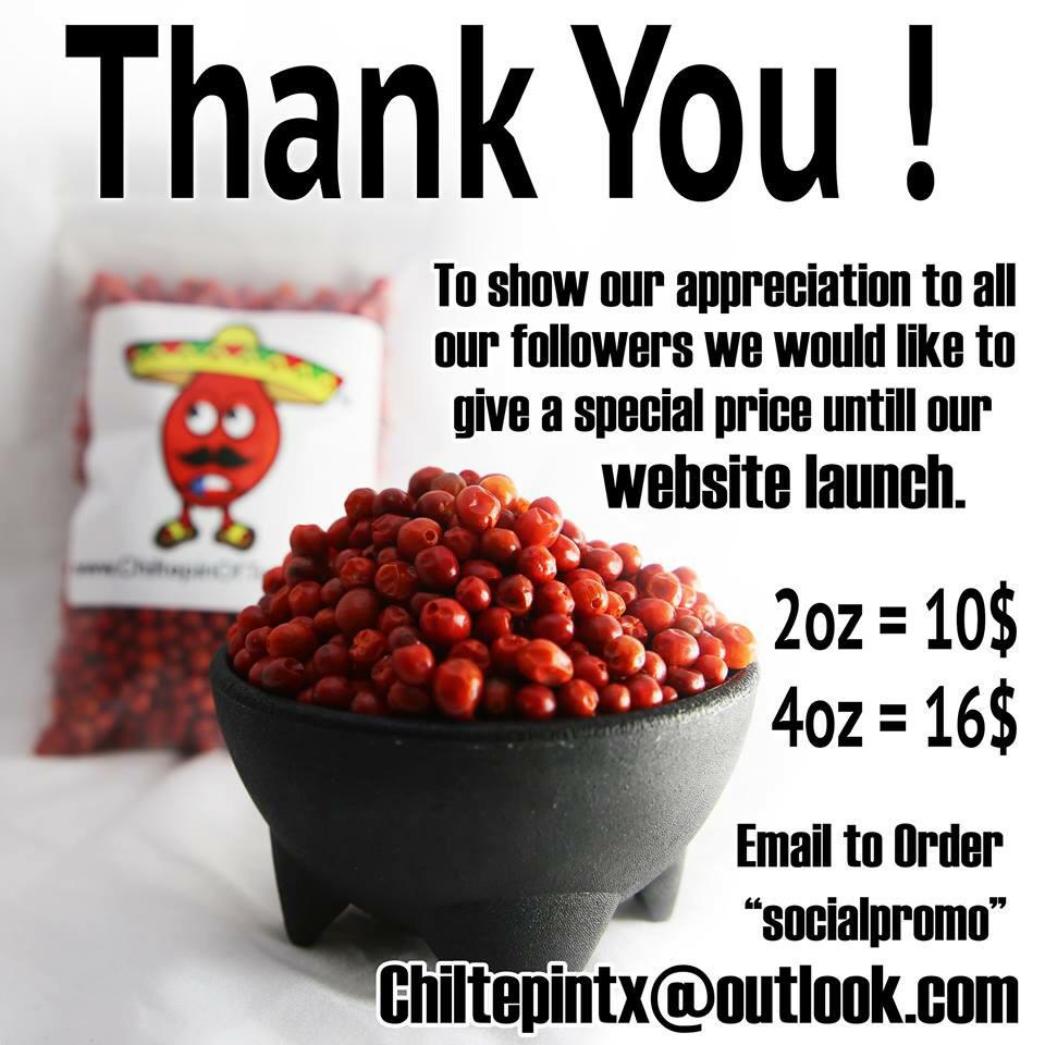 ChiltepinTX's tweet photo. Thank you guys for your patients as we launch our website this month! Meantime enjoy some Chiltepin, Pm or email. http://t.co/O7m9DDhsST