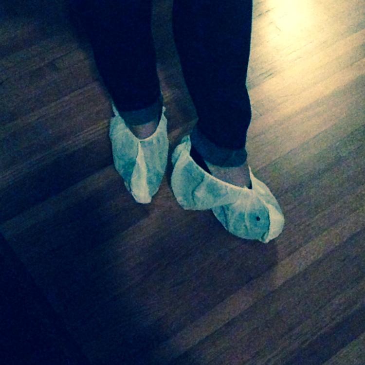 mydayinmaine's tweet photo. You have to wear booties at the Hollyhock House -- over your flip flops, pumps, whatever. #wrightatnight http://t.co/HuT98kem2Y