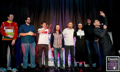 TonyCowards's tweet image. The line up (minus winner @comedyLeo) for the UK Pun Championships at @DavesLeicsFest last Thursday. #ukpuns