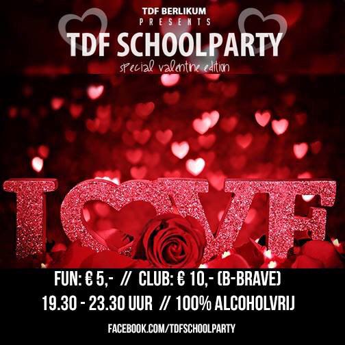 Vanavond vanaf 19.30uur gaan we weer een nieuwe Schoolparty tegemoet in TDF. Fun + Skihut ook open, entree 5,-