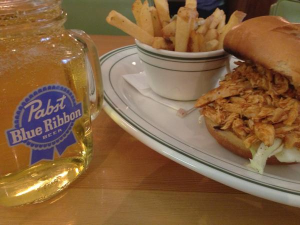 SAVEONMEATSdine's tweet photo. Diner Feature: BBQ Pork and Creamy slaw on a bun w/ choice of side $9. PBR pints $3.50! Shots of Jameson's $5! http://t.co/nwUz0Q8K