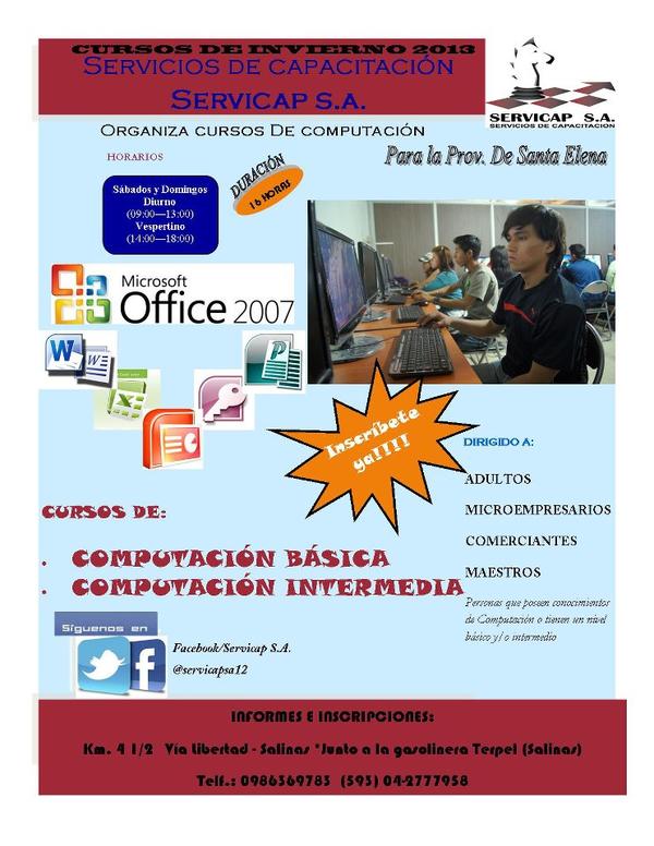 SERVICAPSA12's tweet photo. INSCRIBETE A los cursos de Computación Básica-Intermedia enSalinas no te quedes sin cupo Información 2777958-0991101204 http://t.co/TqiCy2RQ