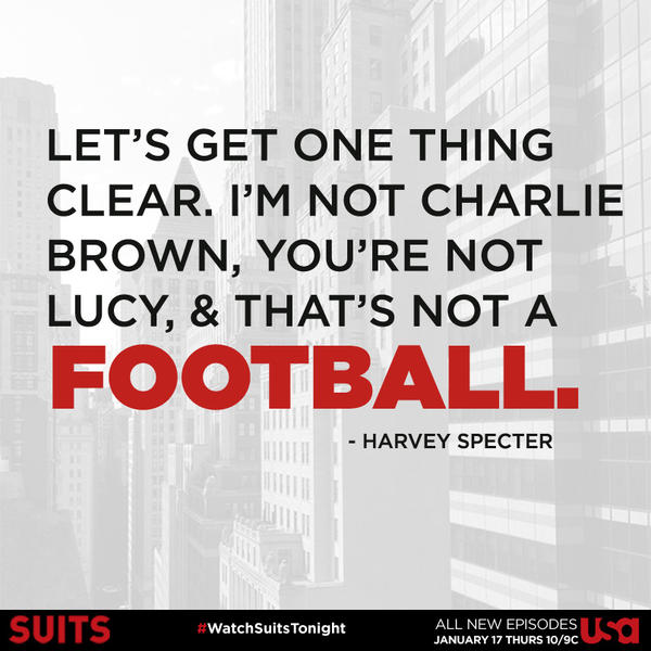 SuitsPeacock's tweet photo. Is Donna the Lucy to Harvey Specter's Charlie Brown? #WatchSuitsTonight #Suits http://t.co/wMbWodZ6