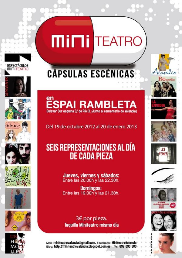 Hoy voy a <a href="/La_Rambleta/">Rambleta</a> a  <a href="/MiniteatroVLC/">MiniTeatro</a>  último finde de cápsulas teatrales.Desde 20h déjate impregnar x3€