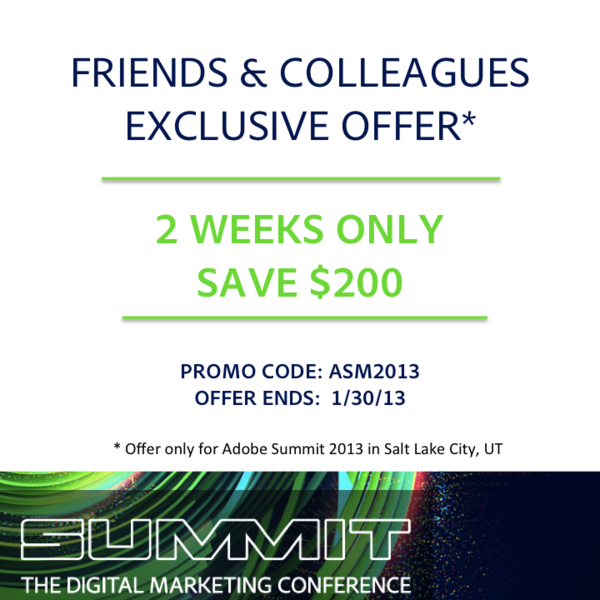 Adobe's tweet photo. Take advantage of our special #AdobeSummit offer! Enter the promo code below and register today: http://t.co/AVcwQYWb http://t.co/9t3XTUz4