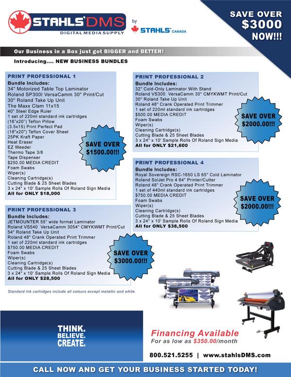New Biz Bundles from Stahls' DMS
30", 54" and 64" packages complete with laminator &amp; take up unit!preview.tinyurl.com/bzukf2j