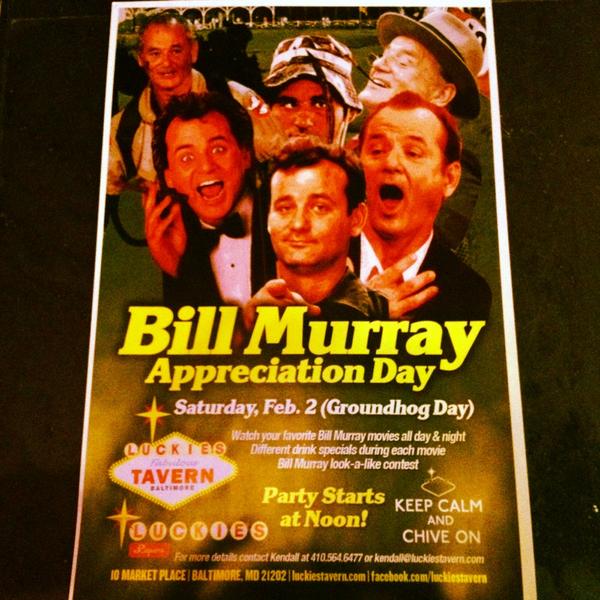 free_popsicles's tweet photo. @theCHIVE can you help us spread the word? Bill Murray Appreciation Day, Sat, Feb 2, Luckie's Liquors, Baltimore, MD. http://t.co/EQRvQ9Xw