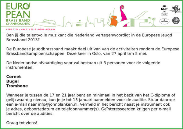 Aanmelden Europese Jeugd Brassband voor de #EBBC in Oslo 27-04/05-05? Speel je goed cornet, trombone of bugel? 17/21jr?