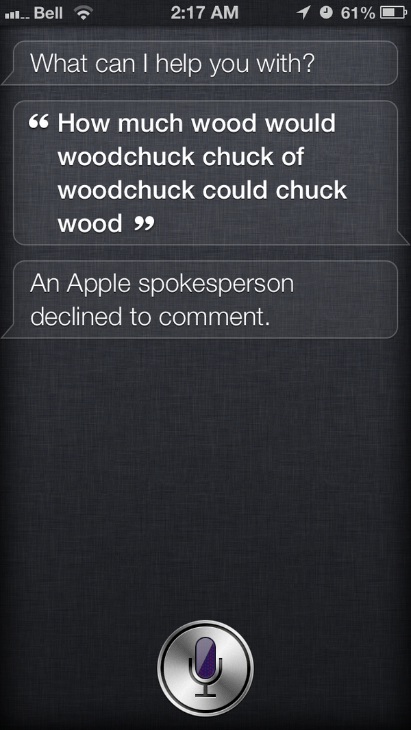 StuffSiriSaid's tweet photo. "How much wood would a woodchuck chuck?" Thanks to Tyler and Apple PR. http://t.co/sEq8CtxJ http://t.co/O27Y4NCi