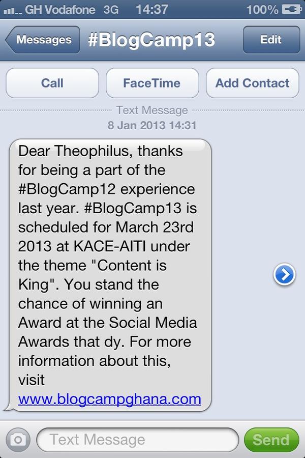 ofoli_kwei's tweet image. Received this txt a few minutes ago from @BloggingGhana as an invite to #BlogCamp13