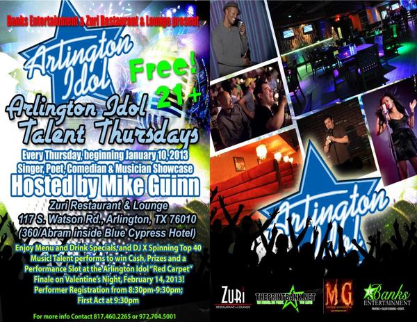 ZURIARLINGTON's tweet photo. Calling all musicians, bands, poets and comedians for "Arlington Idol", every Thursday at Zuri! Show off your talents! http://t.co/R0OV2B0Q