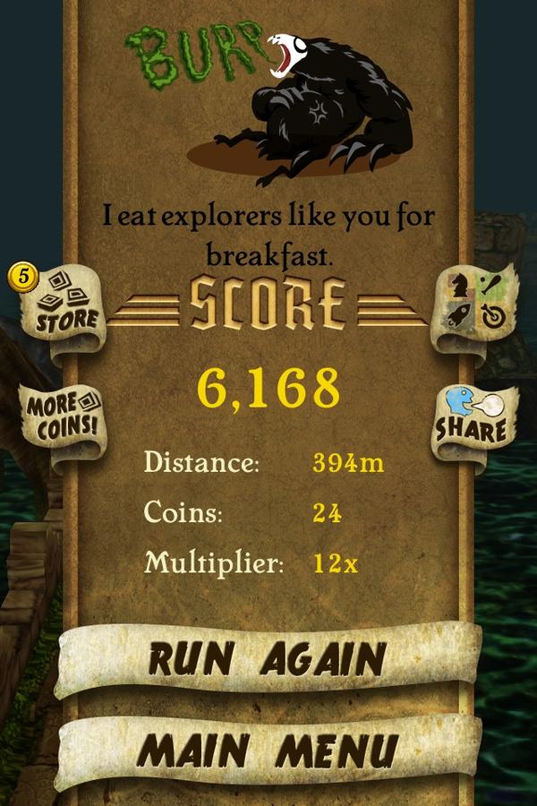 mrNERF's tweet photo. I got 6,168 points while escaping from demon monkeys. Beat that! http://t.co/dcBDIuj3 #TempleRun http://t.co/7GM6mkf5