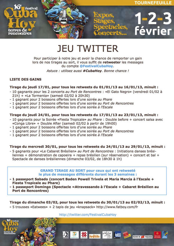 Prêts à retweeter les events du #Festival #CubaHoy ? Découvrez tous les cadeaux à gagner jusqu'au 3 février ! #jeu
