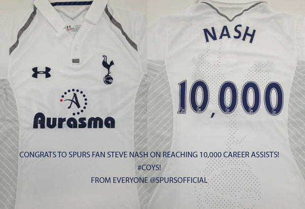 SpursOfficial's tweet photo. Congrats to #Spurs fan @SteveNash for reaching 10,000 career assists! Check out the shirt we made for Steve. #COYS http://t.co/U7ItBohB