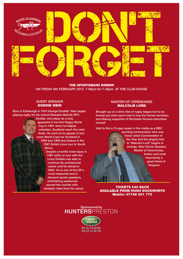 RugbyHoppers's tweet photo. Scotland and Lions legend Doddie Weir is our speaker at the MJ Sportsman's Dinner on Fri 8 Feb. Details in this poster. http://t.co/U0TwkhKI