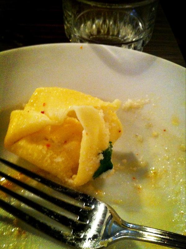 emmerandrye's tweet photo. @cynnims last bite of sunchoke tortellini is for you #ilcorvo #lineisalmostoutthedoor http://t.co/bnqwveFq
