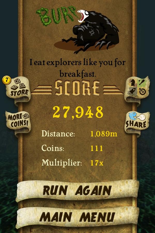 mrNERF's tweet photo. I got 27,948 points while escaping from demon monkeys. Beat that! http://t.co/dcBDIuj3 #TempleRun that's   Funny http://t.co/1AFkv9Ly