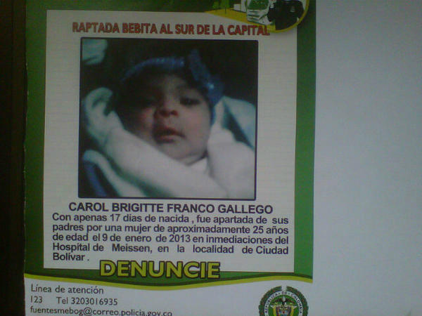 MJoseBarraza's tweet photo. "@ELTIEMPO: Esta es la fotografía de Carol Franco, bebé raptada. Informes cel: 3203016935 o línea 123 http://t.co/UzcEMflw (Favor RT)"