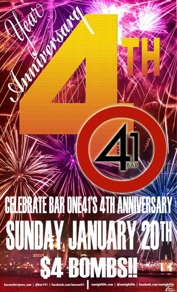 bar141_dj's tweet photo. Sunday before MLK day is our 4 year anniversary! Come
Celebrate with $4 bombs all night long! http://t.co/a9q0YLBx