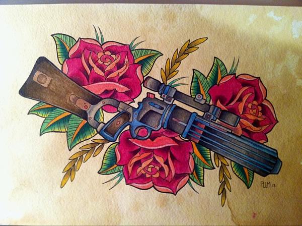 plumtattoos's tweet photo. Finished #watercolour of #bobafett #blaster on #roses #tattooart #tattooartistmagazine #starwars http://t.co/V7324qp1