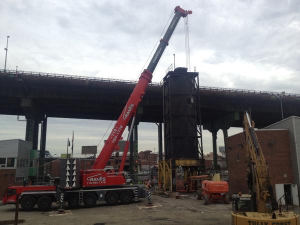 CranesInc's tweet photo. #liebherr #1350 doing a little asphalt plant demo in #brooklyn http://t.co/g0xpR7LX