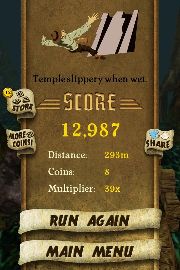 Millerdale75's tweet photo. I got 12,987 points while escaping from demon monkeys. Beat that! Yr@. @http://bit.ly/TempleRunGame #TempleRunng http://t.co/aNwm77No