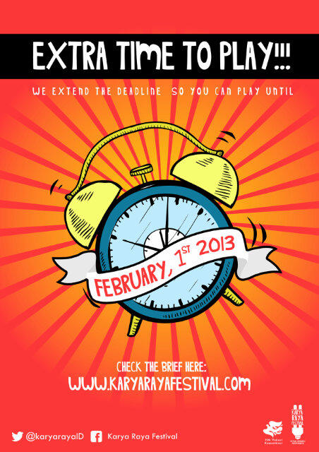 <a href="/KaryaRayaID/">Karya Raya 2015</a>: EXTRA TIME! Masih ada waktu lho untuk kamu-kamu yang mau main!  cc: <a href="/komunikasiumy/">Ilmu Komunikasi UMY</a> <a href="/Komakomumy/">KOMAKOM UMY</a> <a href="/ikom2010/">Komunikasi UMY 2010 </a>