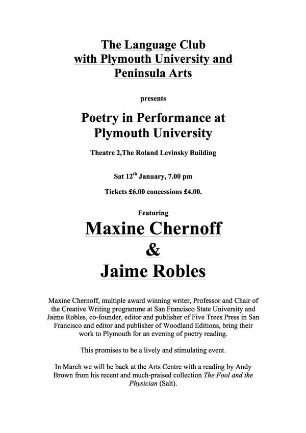 PlymLangClub's tweet photo. TONIGHT @ 7pm!! Maxine Chernoff &amp; Jaime Robles: 2 American poets to read for Plymouth Language Club and Peninsula Arts http://t.co/exd7AwvP