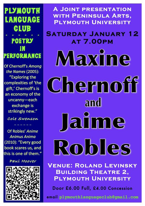 PlymLangClub's tweet photo. TONIGHT @ 7pm!! Maxine Chernoff &amp; Jaime Robles: 2 American poets to read for Plymouth Language Club &amp; Peninsula Arts. http://t.co/90kb1MWE