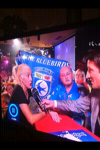 CardiffCityCCFC's tweet photo. Bluebirds flag at the darts. #CCFC #Bluebirds http://t.co/dttnpZwb