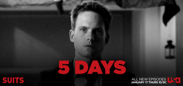 SuitsPeacock's tweet photo. #5Days until #Suits is back. Is Mike Ross ready to get his act together? RT if you’re counting down to 1/17. http://t.co/iyPjBqr0